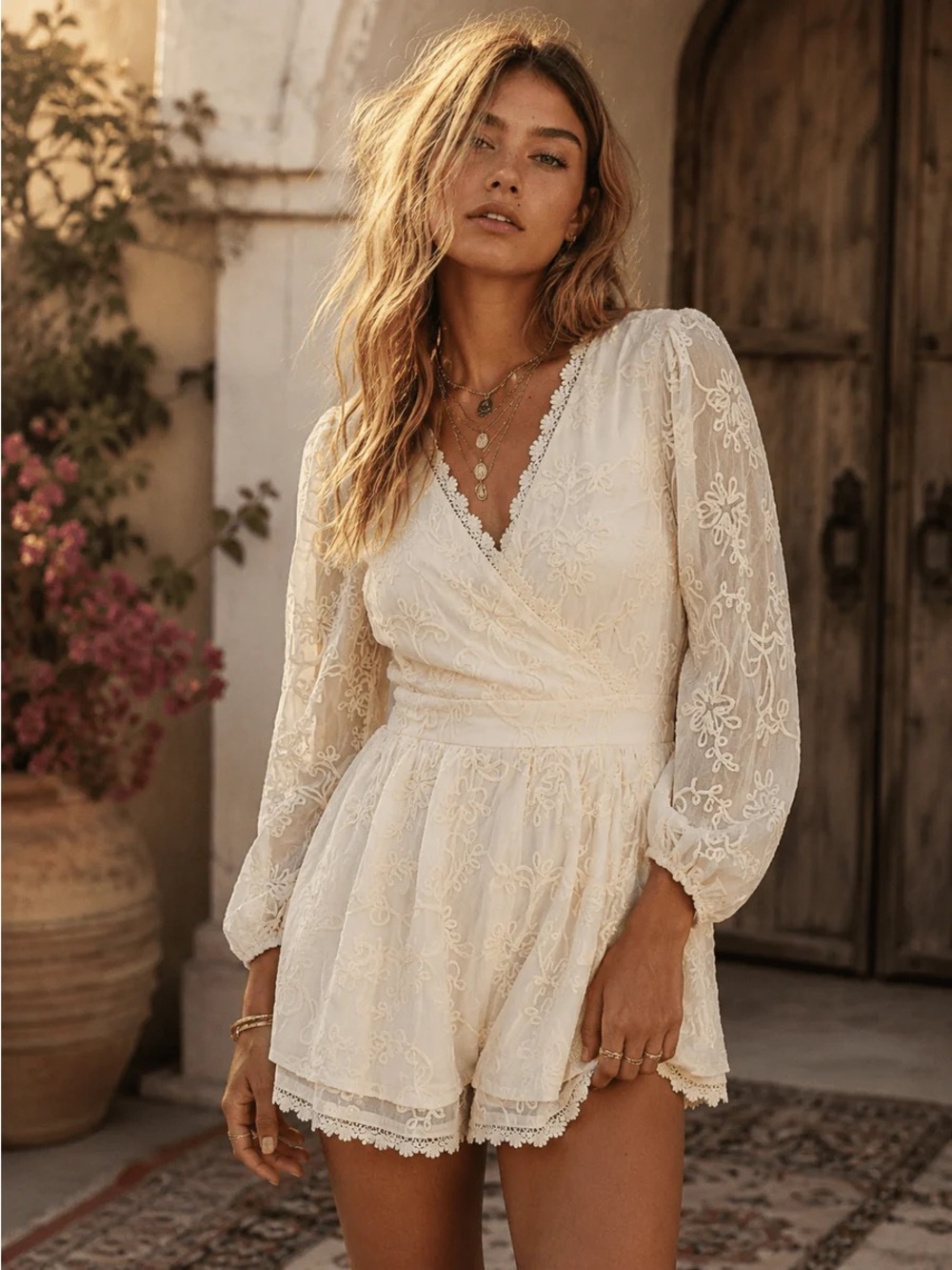 Lace V-Neck Long Sleeve Ivory Romper - Picture 5 of 5